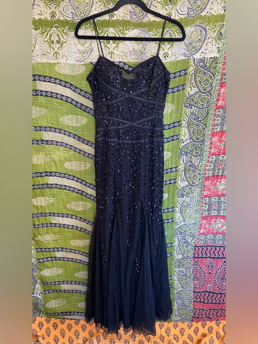 Vintage Y2K Cache Black Beaded/ Mesh Mermaid Whimsigoth Maxi Gown Size Medium